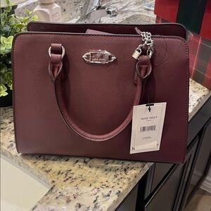 Nine West Wine Red Structured Satchel with Chain Accent